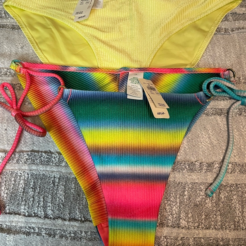 Aerie Multi Color Bikini with Tie Details and Yellow Cheeky Bikini Bottom Bundle